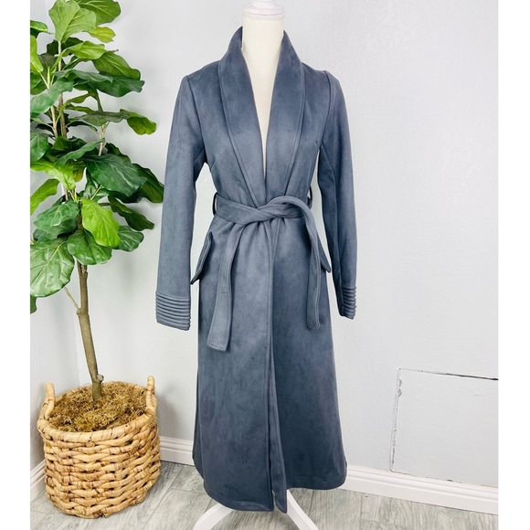L’Atiste Grey Faux Suede Open Wrap long Coat - Picture 2 of 9